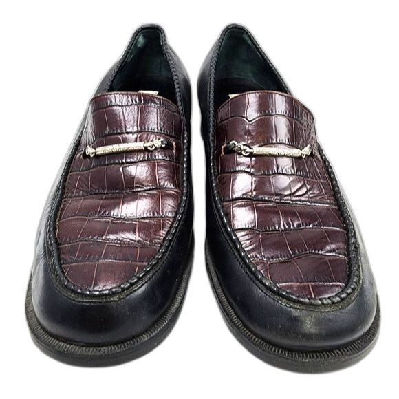 Brighton Sarah Brown Croc Embossed and Black Leather Slip On Loafers Size 8.5 - Picture 2 of 9